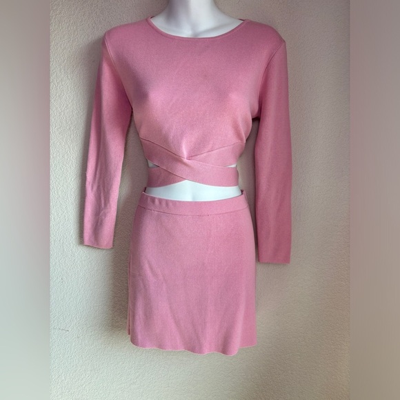 NWT Mebon By Machine Blush Pink Crisscross Ribbed Crop Sweater & Skirt Set L - Picture 2 of 11